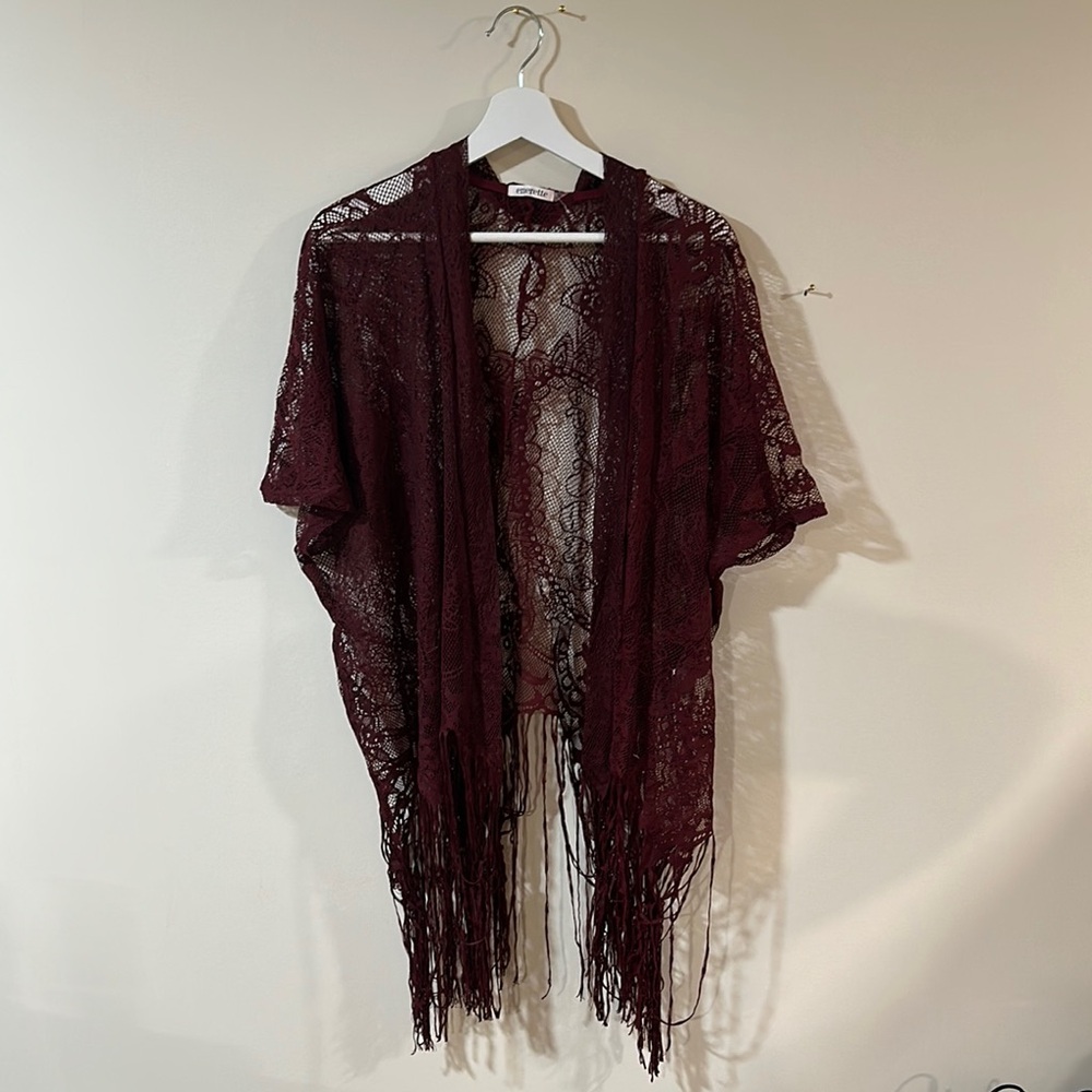 Burgundy Lace Fringe Kimono